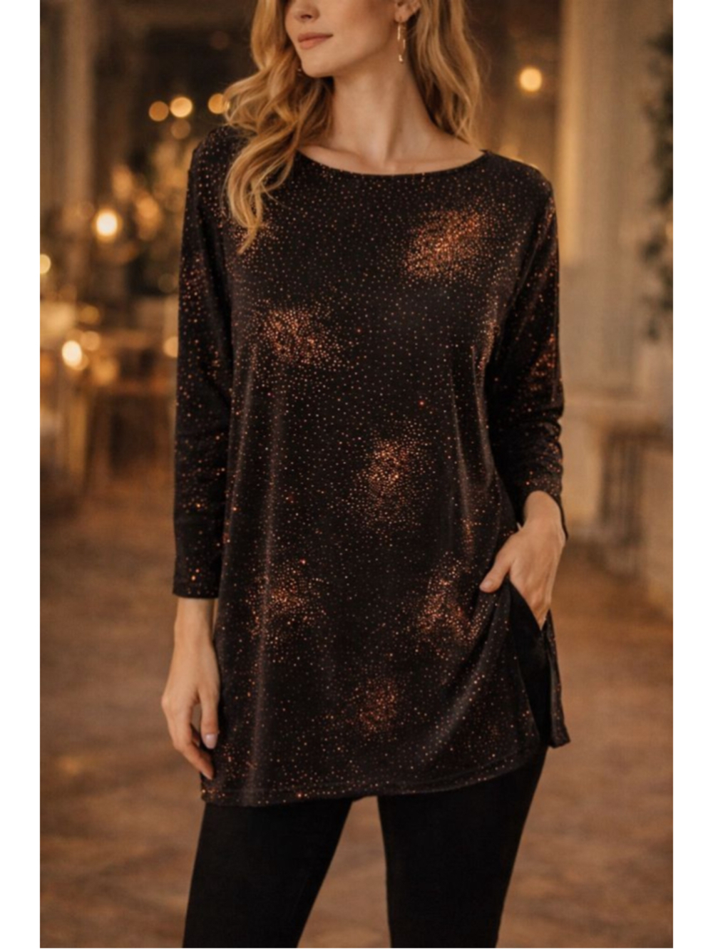 Black Metallic Sparkle Tunic Top Size M Shimmer Holiday Party Evening Blouse